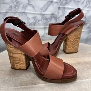 Vince Hadley Leather Block Heel Sandals Tan Brown Size 9.5 US 39.5 EU Italian
